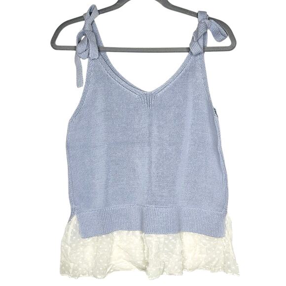 Club Monaco Purple White Knit V-Neck Tank Sheer Mesh Polka Dot Ruffle Hem Medium - Picture 1 of 12